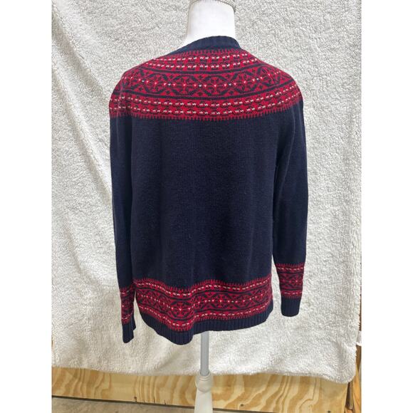 Talbots Petites Wool Fair Isle Cardigan Sweater Navy Red MP Nordic Winter Knit - Picture 4 of 9